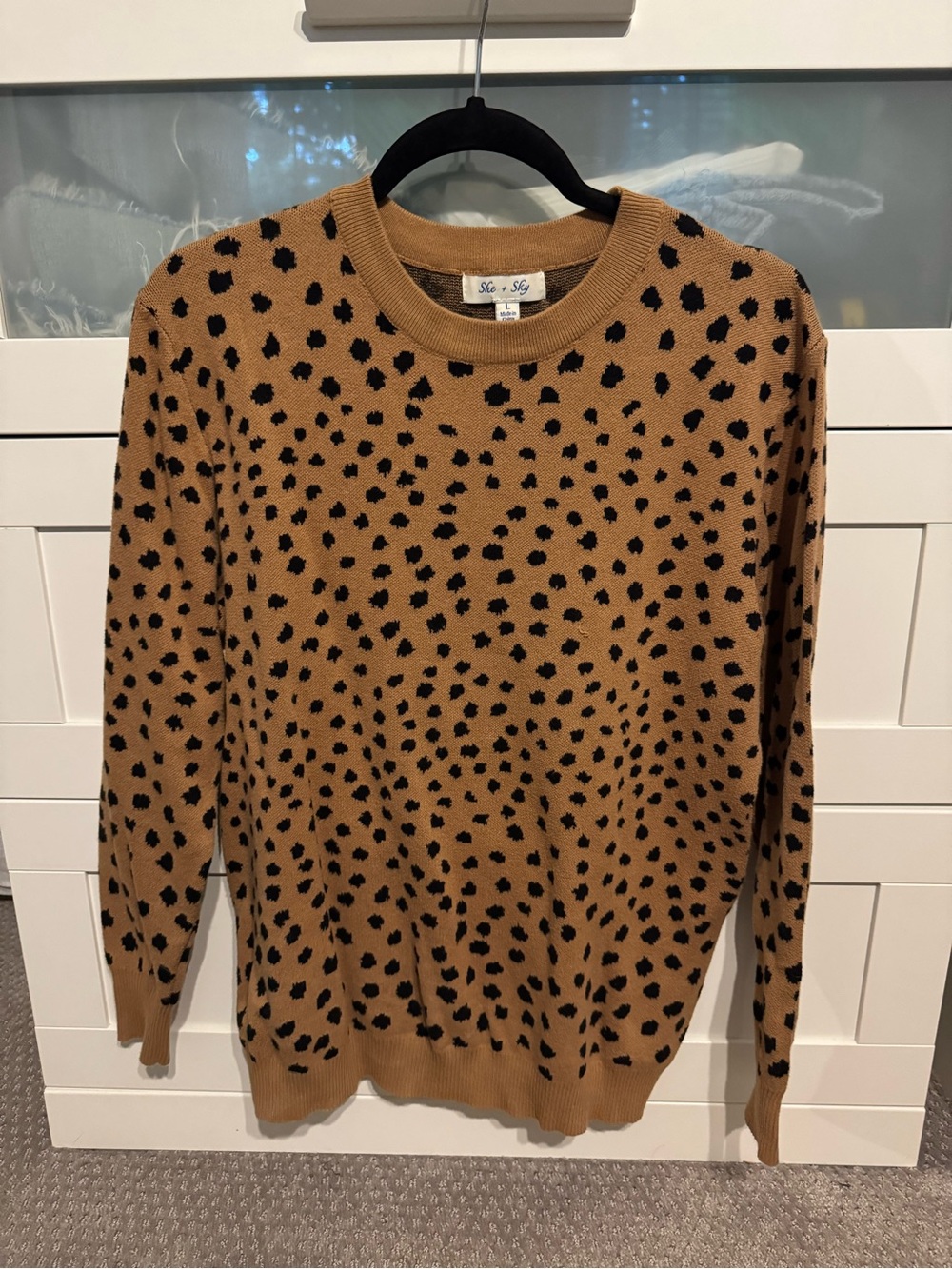 Camel Crewneck Sweater with Black Spot Pattern